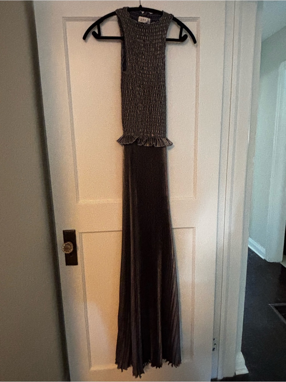Sleeveless Metallic Gray Maxi Dress with Ruffled Waist